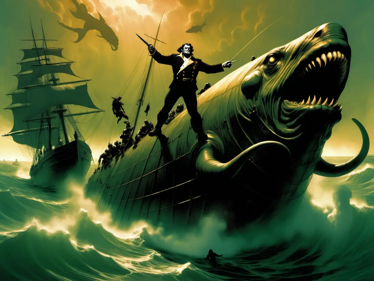 leviathans swimming in the San Francisco Bay hunted by Captain Ahab frank frazetta style