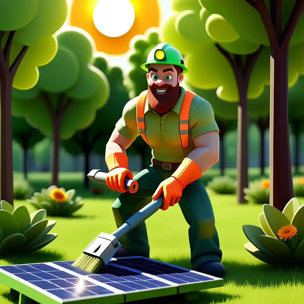 I WANT THE LOGO NAME TO BE ALL GREEN SOLAR.
I WANT TO APPEAR IN THE IMAGE A MAN CUTTING THE VEGETATION WITH A BRUSH CUTTER, IN THE PARK SOLAR PANELS.