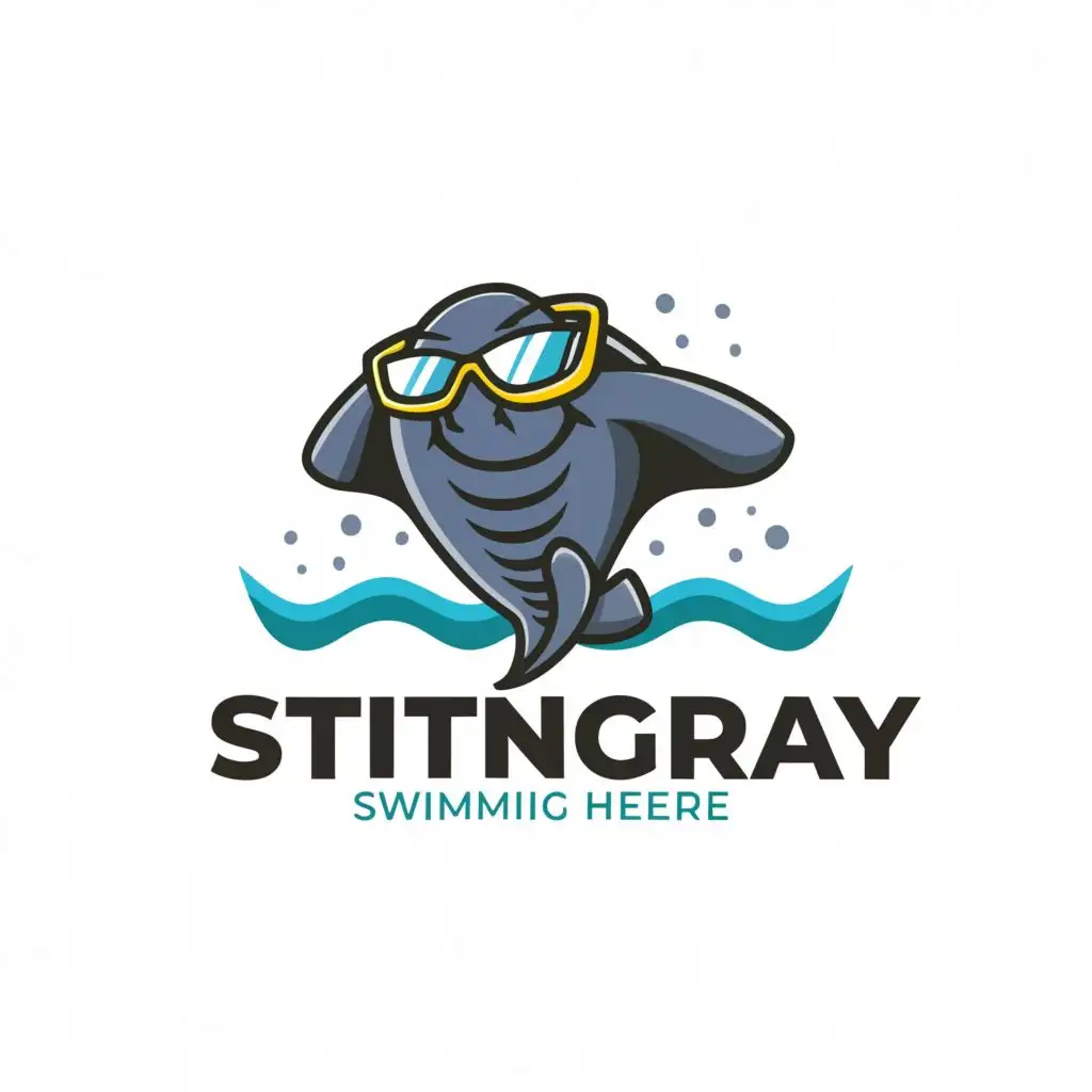 a logo design,with the text "Develop a charismatic and spirited stingray mascot logo wearing swimming attire and goggles, exuding confidence and competitiveness. Utilize a lively color palette of blues, greens, and yellows against a white background to evoke a sense of joy and determination in the sport of swimming.", main symbol:stingray,Moderate,be used in Sports Fitness industry,clear background