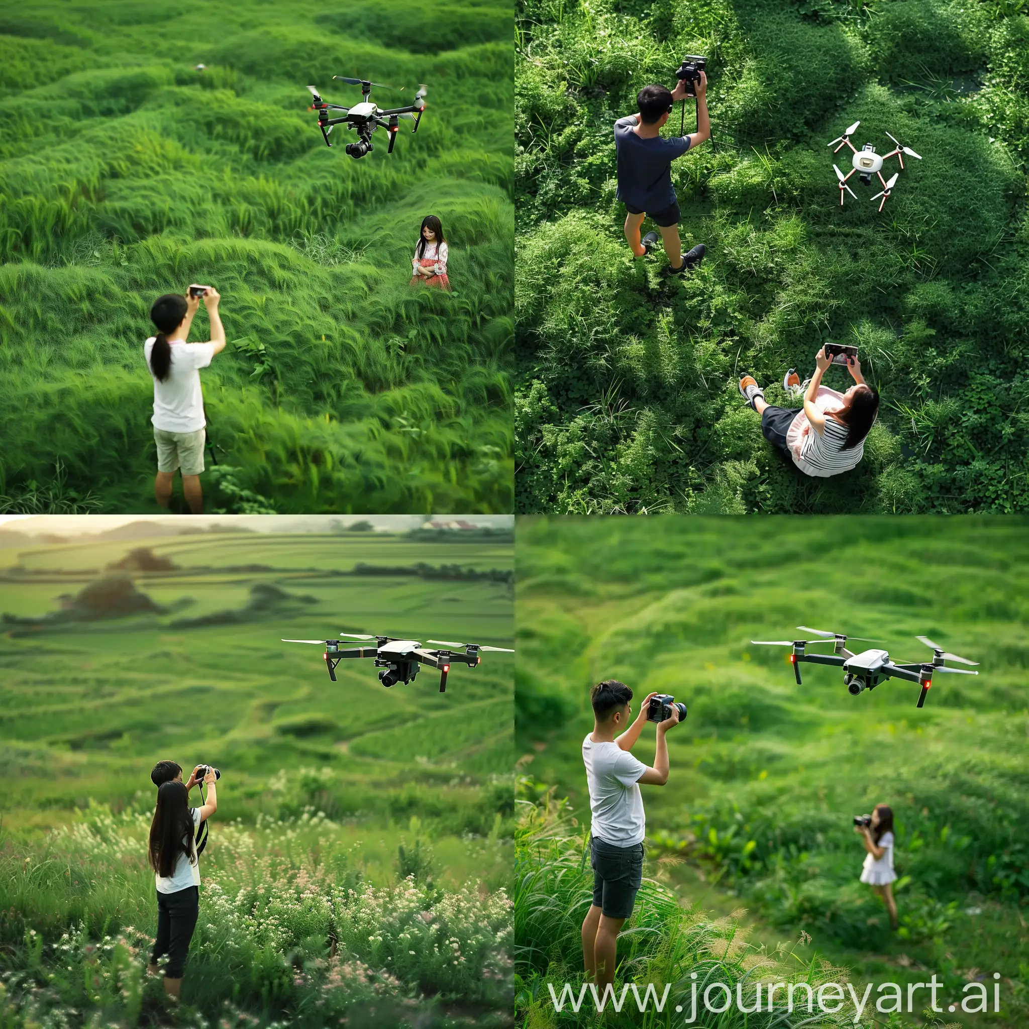 vista aérea  de un dron, de un joven haciendo una sesión de fotos a una chica en un campo verde