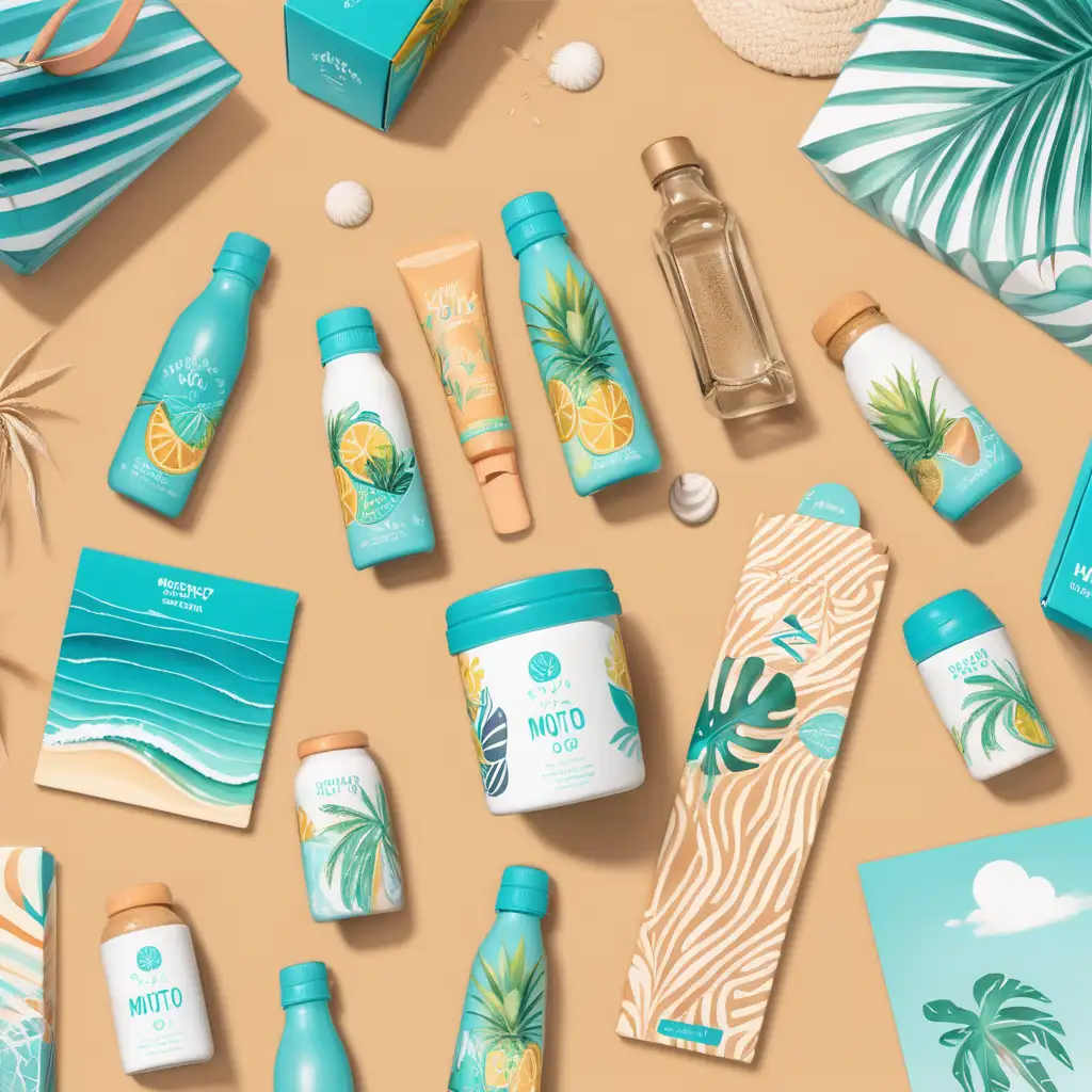Graphic design for the May box. Abstract print backgrounds or illustrations expressing euphoric summer vibes and the tan glaze aesthetic associated with the Beach ready theme. Visually appealing packaging design. You know what they say: girls just wanna have sun, and happiness comes in waves. So, grab a mojito and dive into this summer beauty playground.