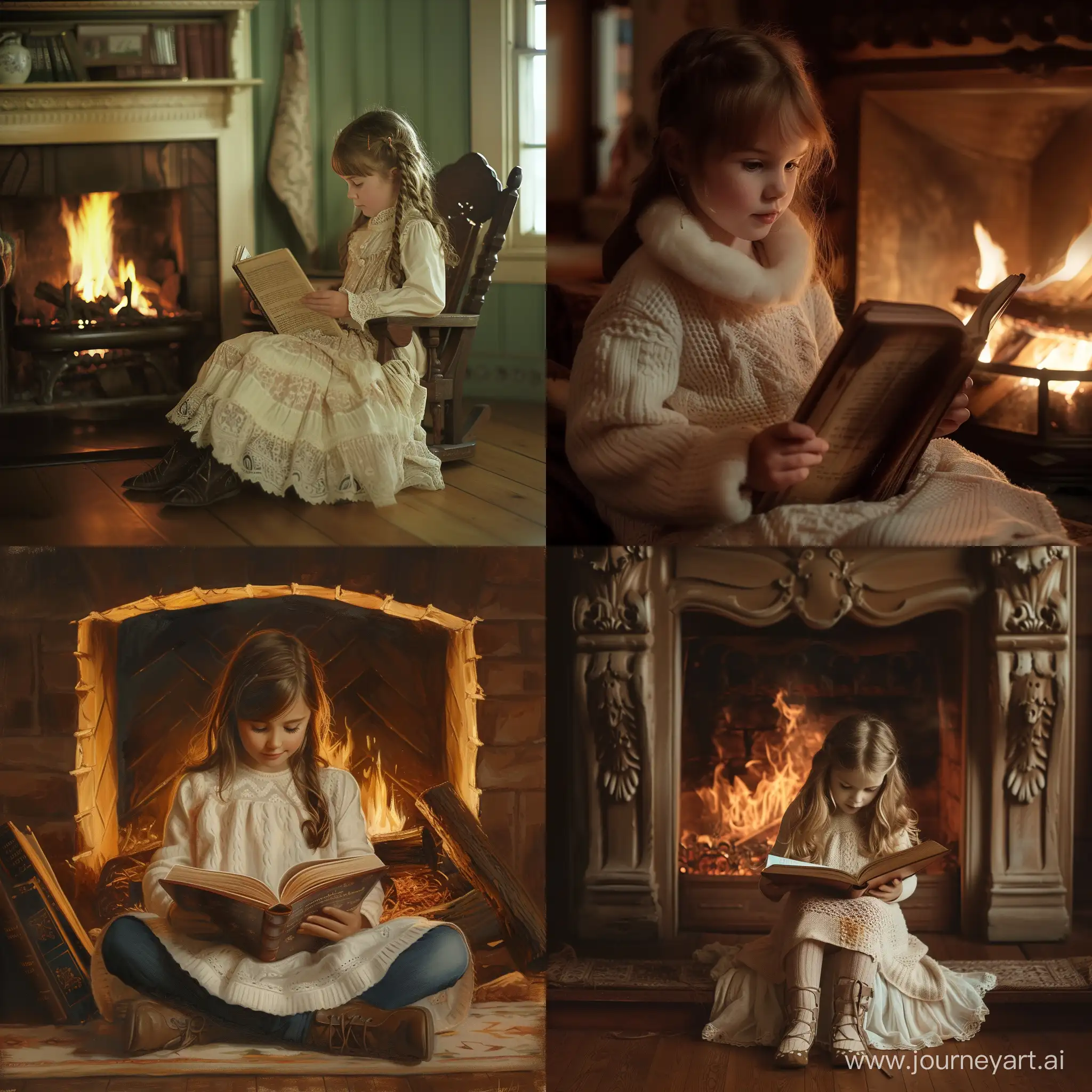 scene of young girl sitting at fireplace reading 

