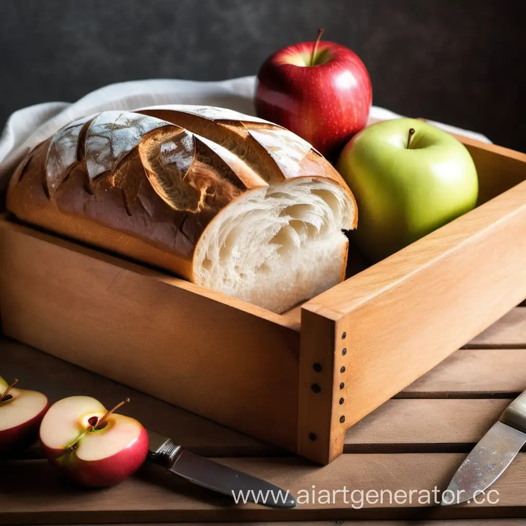 буханка свежего хлеба и  долька сочного яблока в деревянной хлебнице 