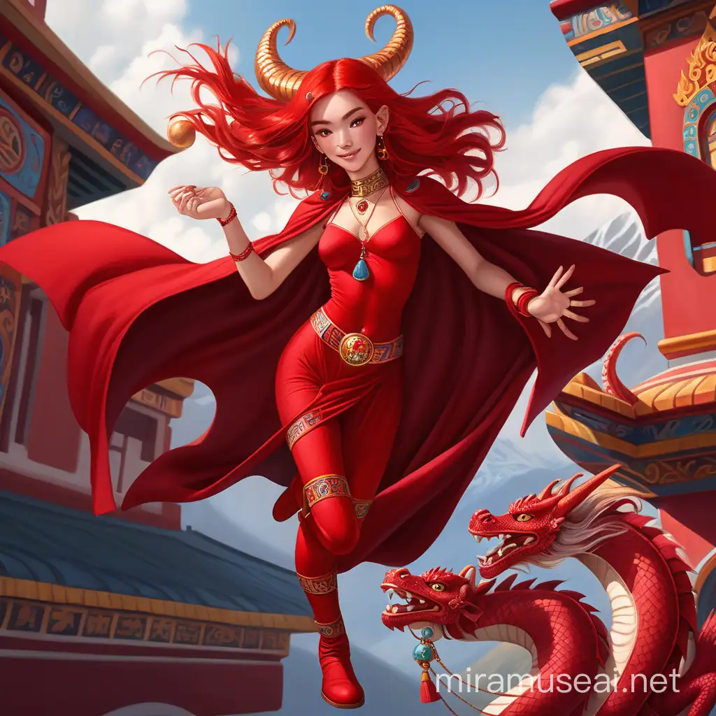 Diosa hermosa adolescente de cabellos rojos y orejas largas  conjunto entallado ajustado rojo y botas rojas  capa roja  con un collar de dragón rojo al cuello, flotando en el aire sonrisa misteriosa  y de fondo un monasterio tibetano y la diosa Kali 