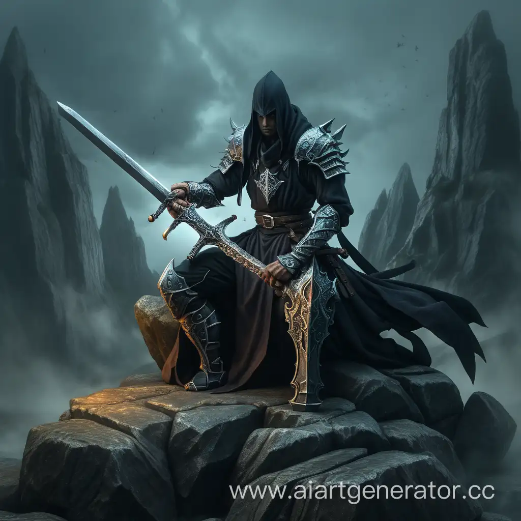 A dark swordsman with a huge two-handed sword sits on a large stone in the style of dark fantasy