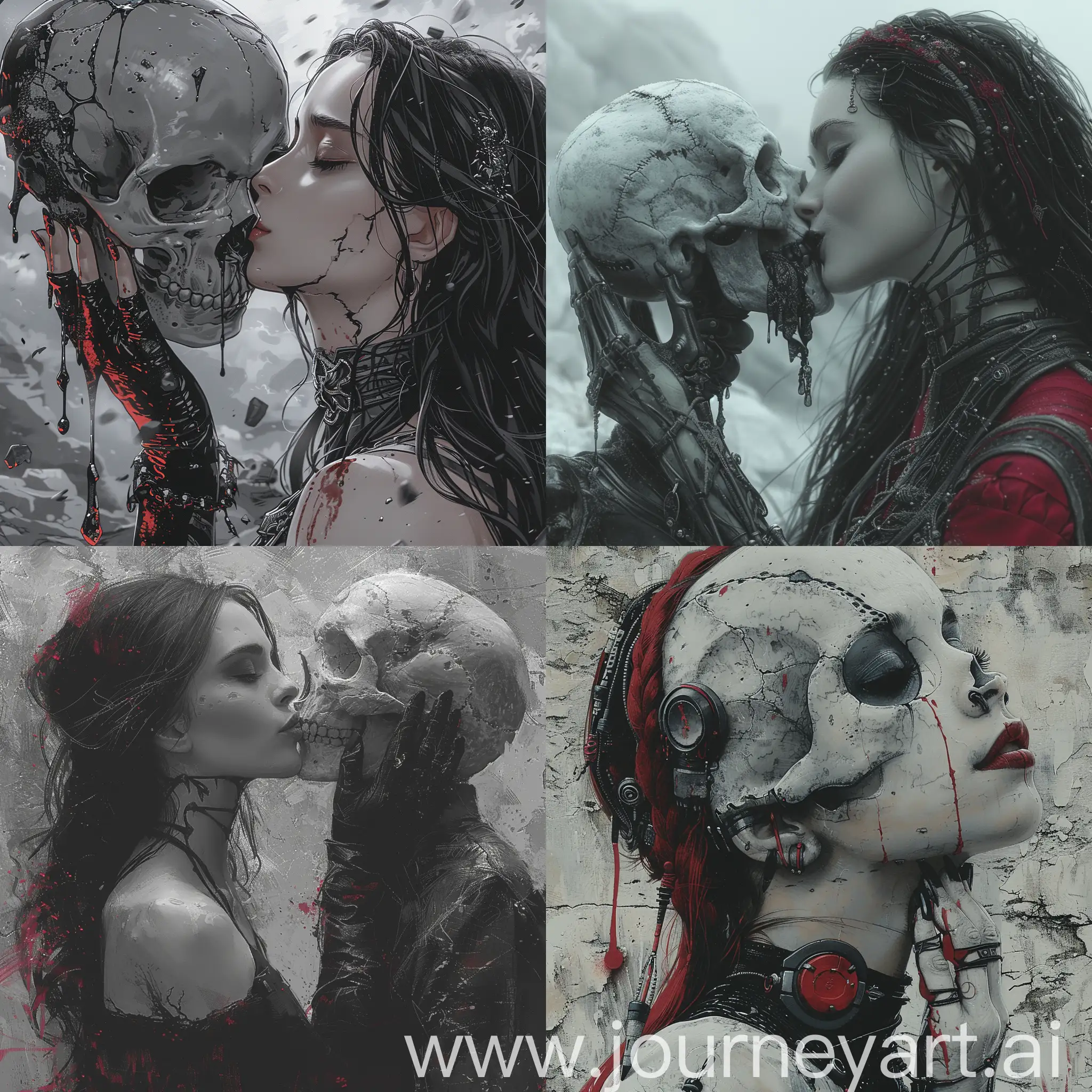 an image of a woman kissing a skull, in the style of andreas rocha, japanese-inspired art, gothic references, strong sense of realism, gray and crimson, anime-inspired character designs, black and white portraits --s 750 