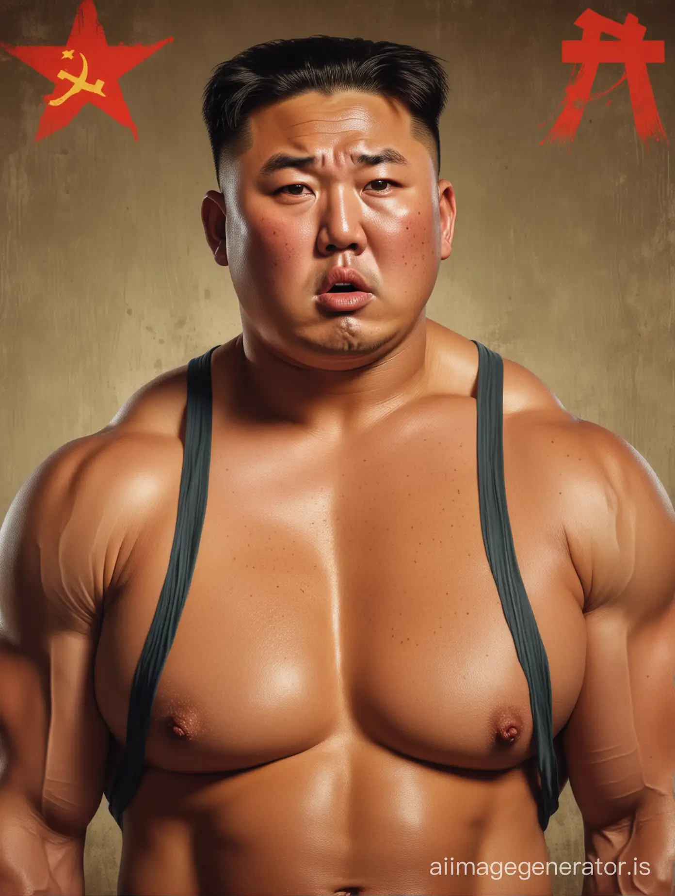 a muscular bodybuilder Kim jong un with a dramatic look of worry on his face, sweating, in the style of a communist poster