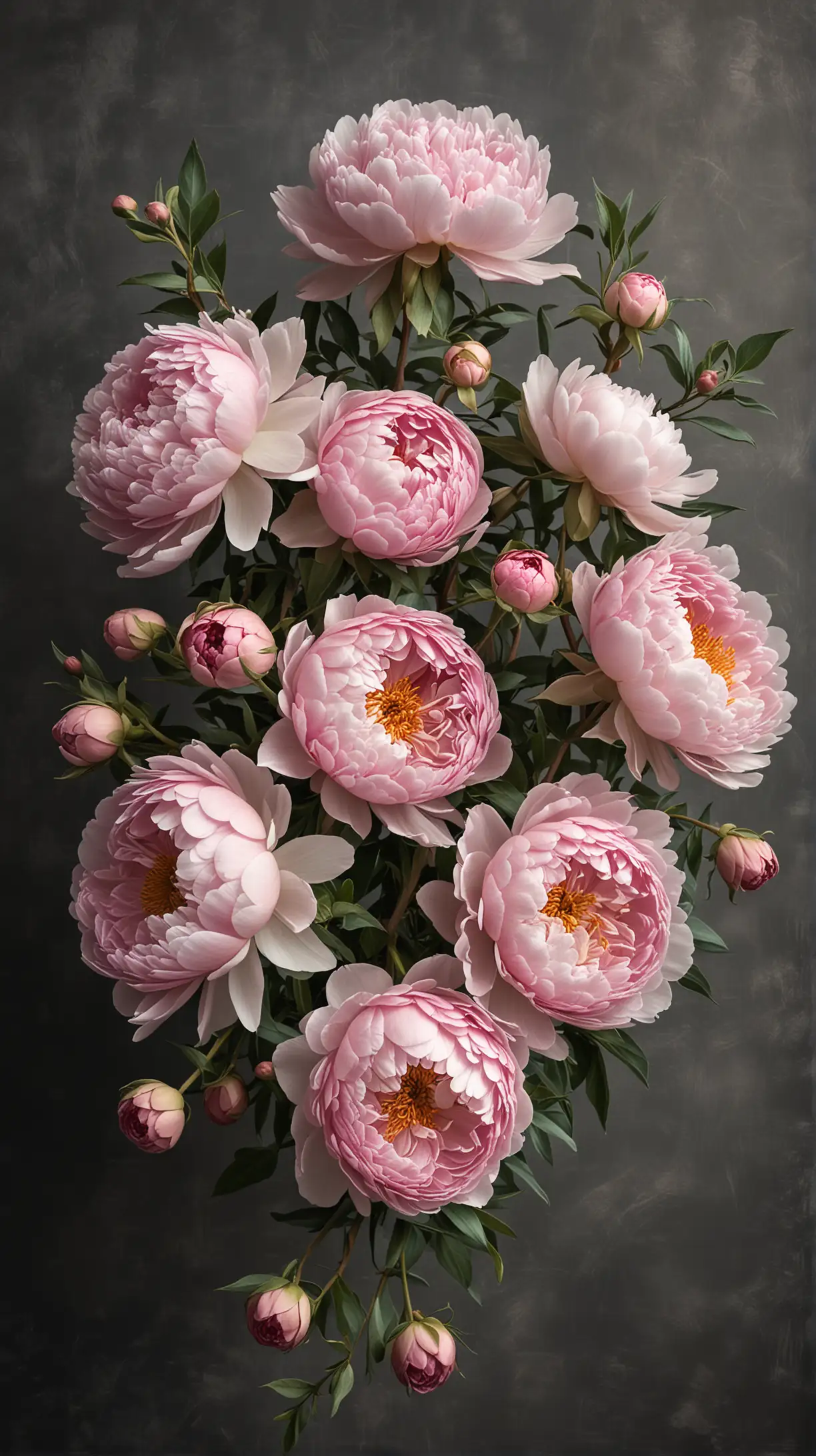 Elegant Floral Arrangement Soft Pink Peonies and Jasmine on Moody Grey Background