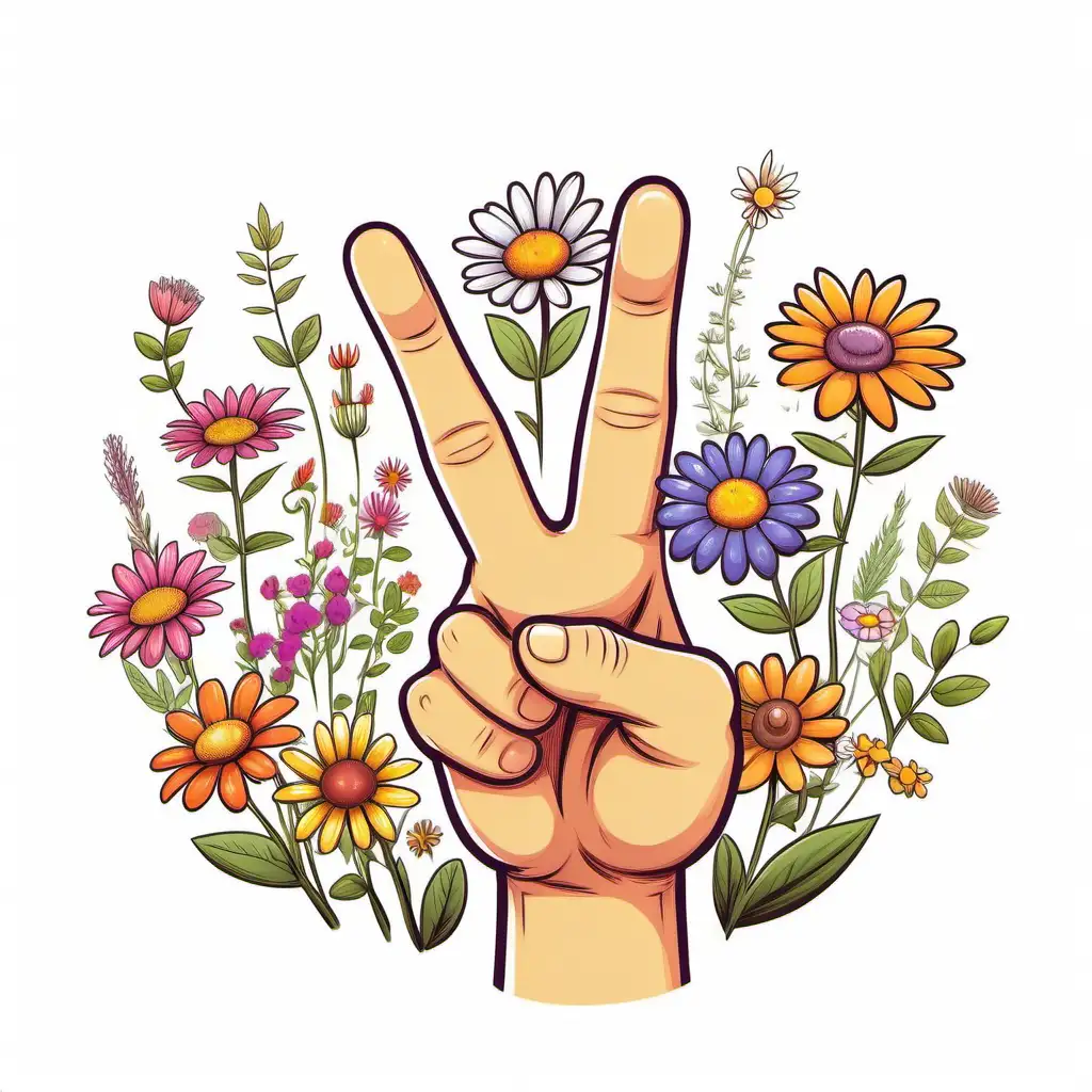 cartoon wildflowers around the hand,
 hand finger peace sign, white background
