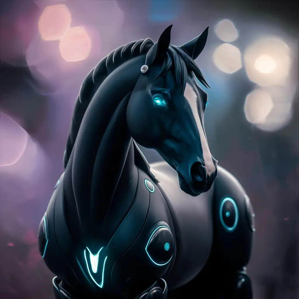 Robotic Black Horse in Bokeh Mixed Media Art