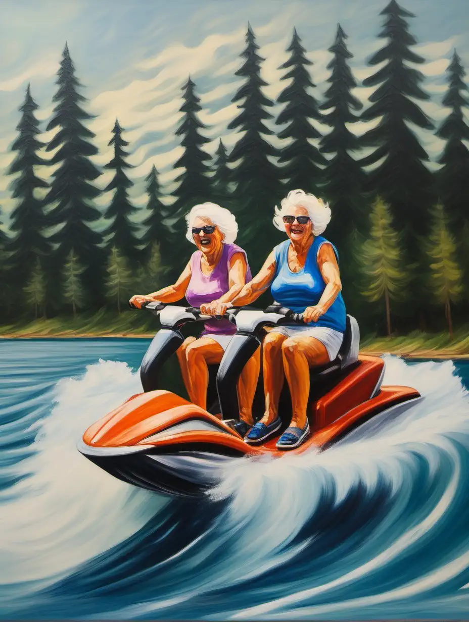 Abstract Oil Painting of Two Excited Elderly Women Riding a Wave Runner on a Lake with Pine Trees