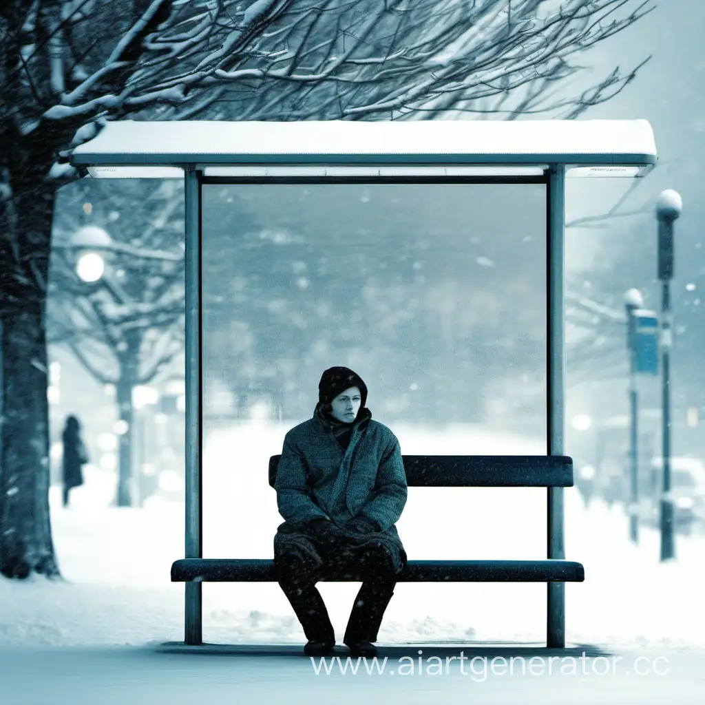 зимой на автобусной остановке сидит человек