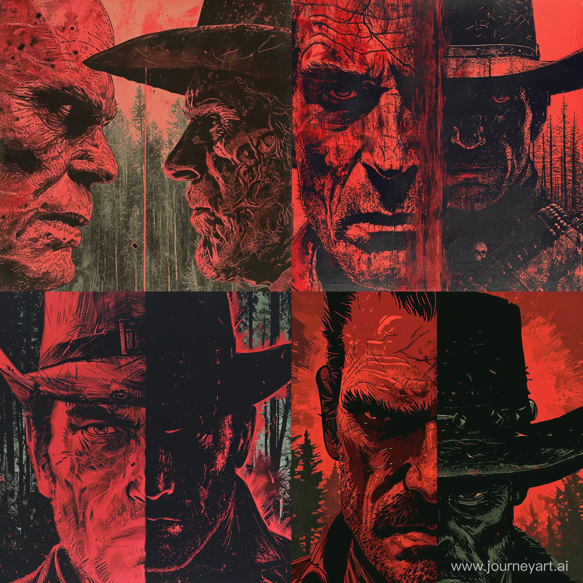 Let's make another image. Make a picture of two men. One is a sheriff, and the other is a man with a gun with a hat. Sheriff's extremely close-up face on the left side of the image, a man with a gun extremely close-up face on the right side of the image. Red and black color palette.  1970’s dark fantasy book cover paper art dungeon and dragons style. horizontal oriented. Forest in the background and in the center. The sheriff more red in color, man with the gun more black in color. Large distance between sheriff and man with a gun.