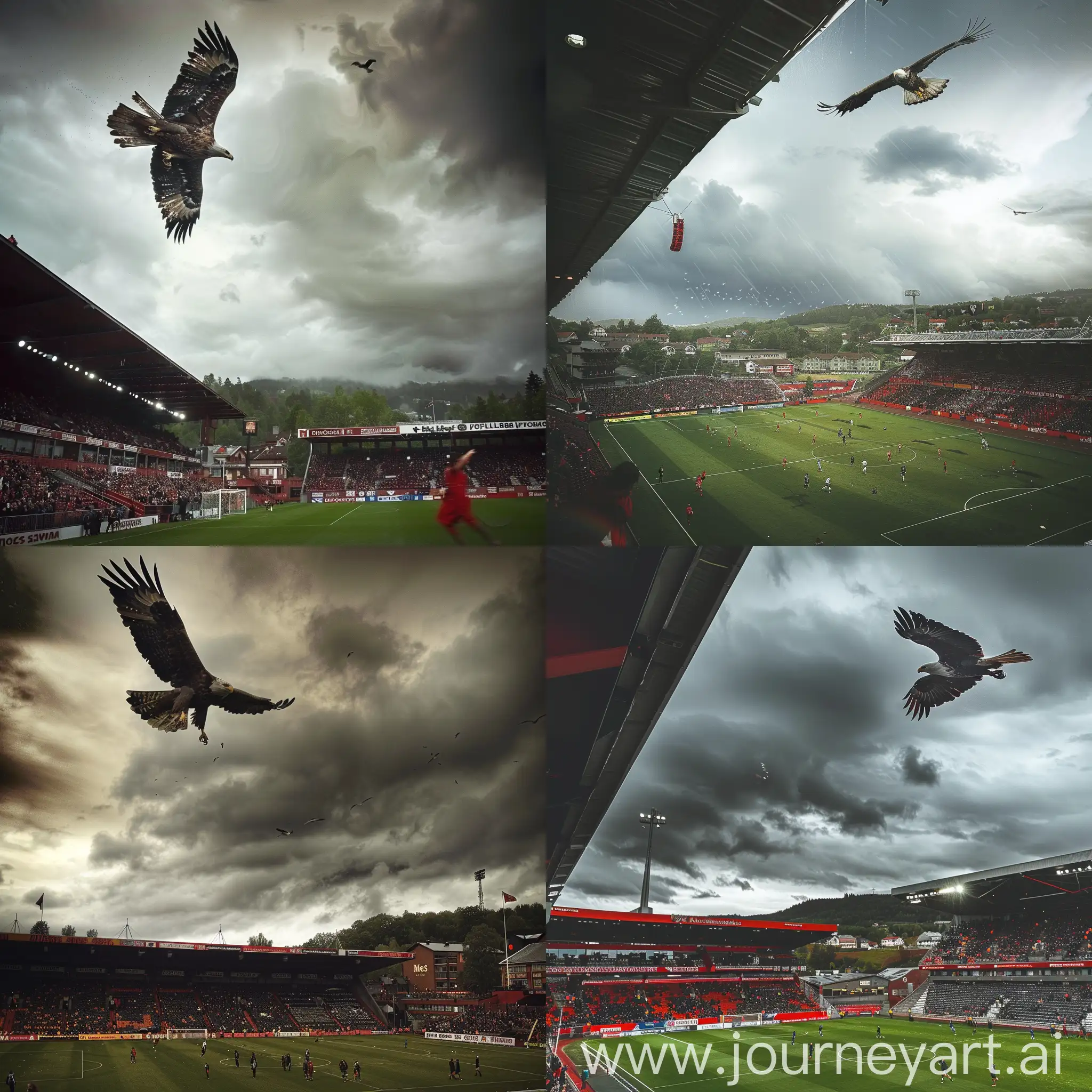 Eagle flying over Melløs Stadion. This is a football arena for Moss Fotballklubb, a proffessional footballklubb in Norway. There is a match going on and the arena is full of people. The weather is cloudy with rain and dark clouds. 