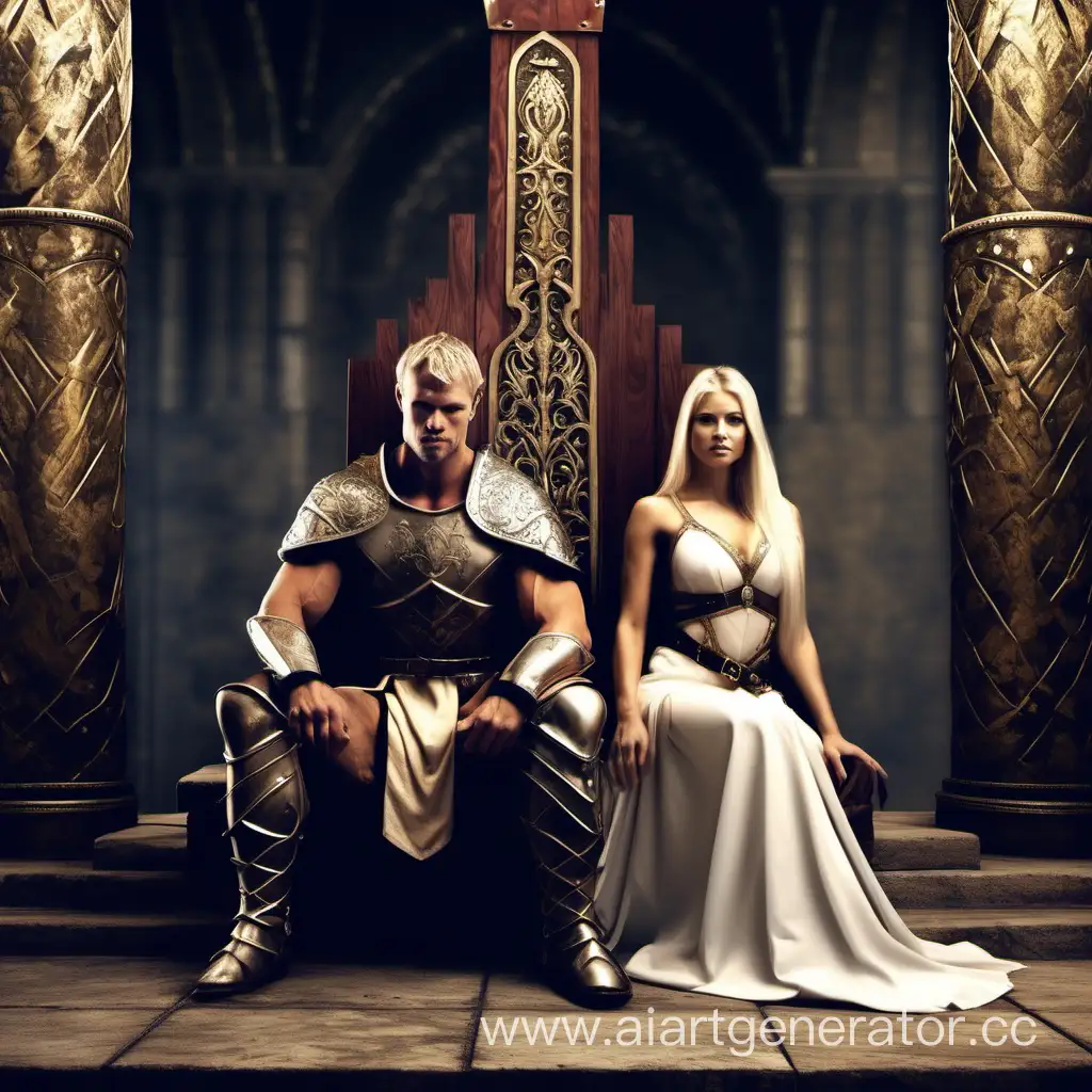 medieval court. 1 muscular nordic male {warrior on knees.} 1 feminine blonde female queen  sitting on throne