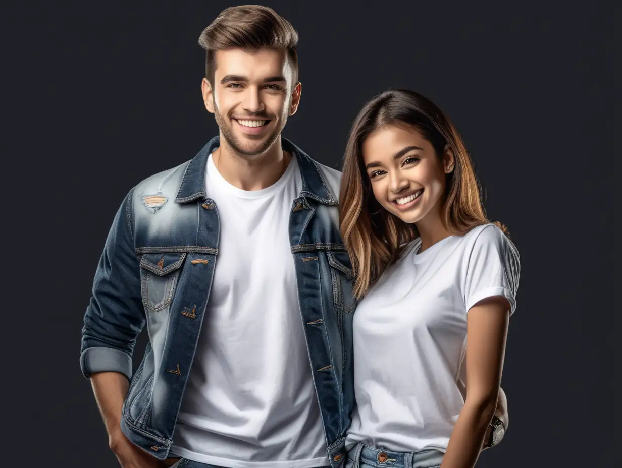 Stylish Couple in White TShirts with Denim Jacket Fashion