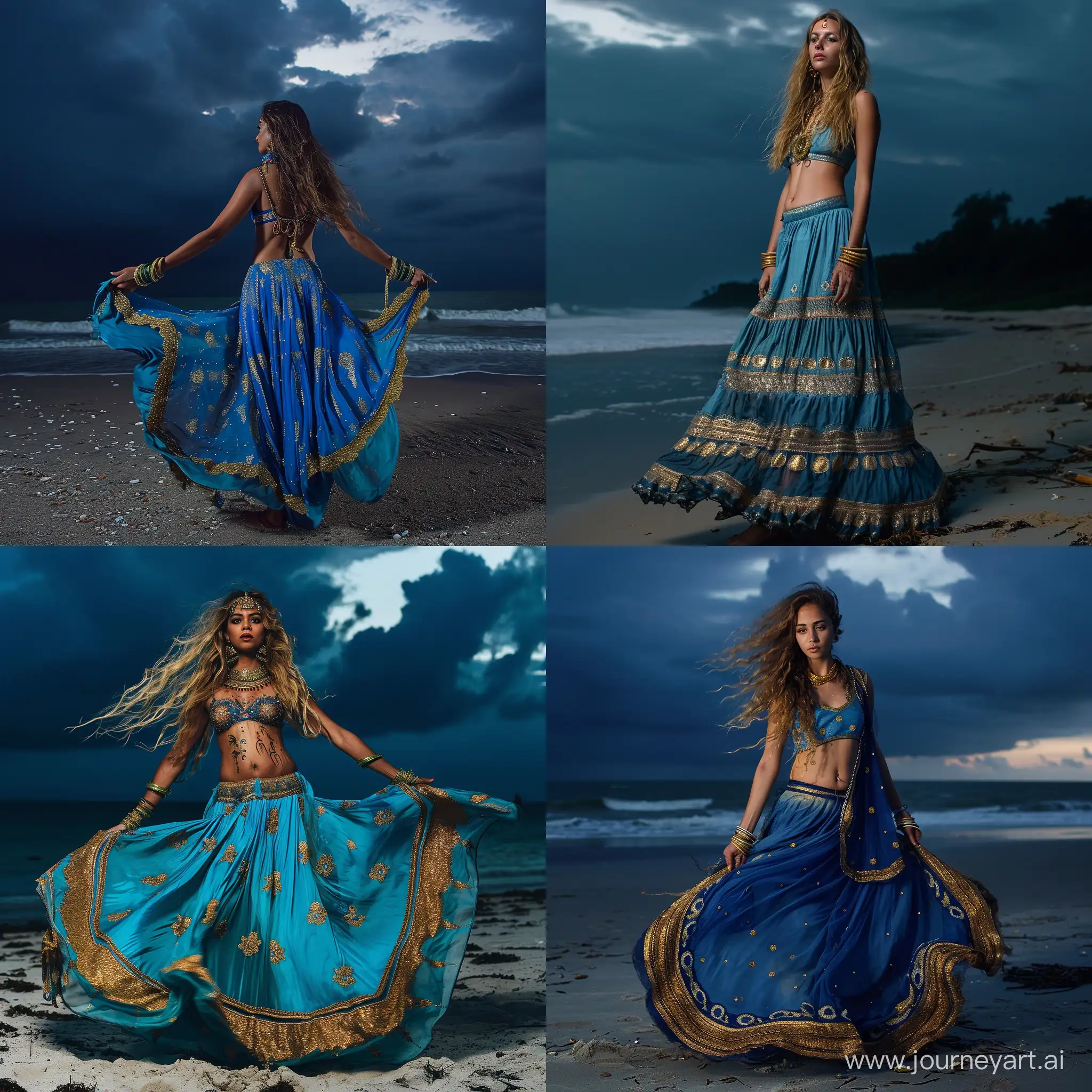  hippie india in bleu dress with gold on the beach with dark sky