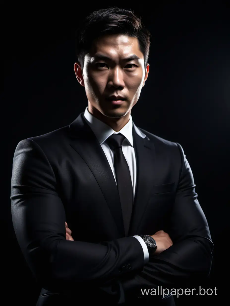 Fit-Asian-Executive-in-Stylish-Black-Suit-Poses-Confidently