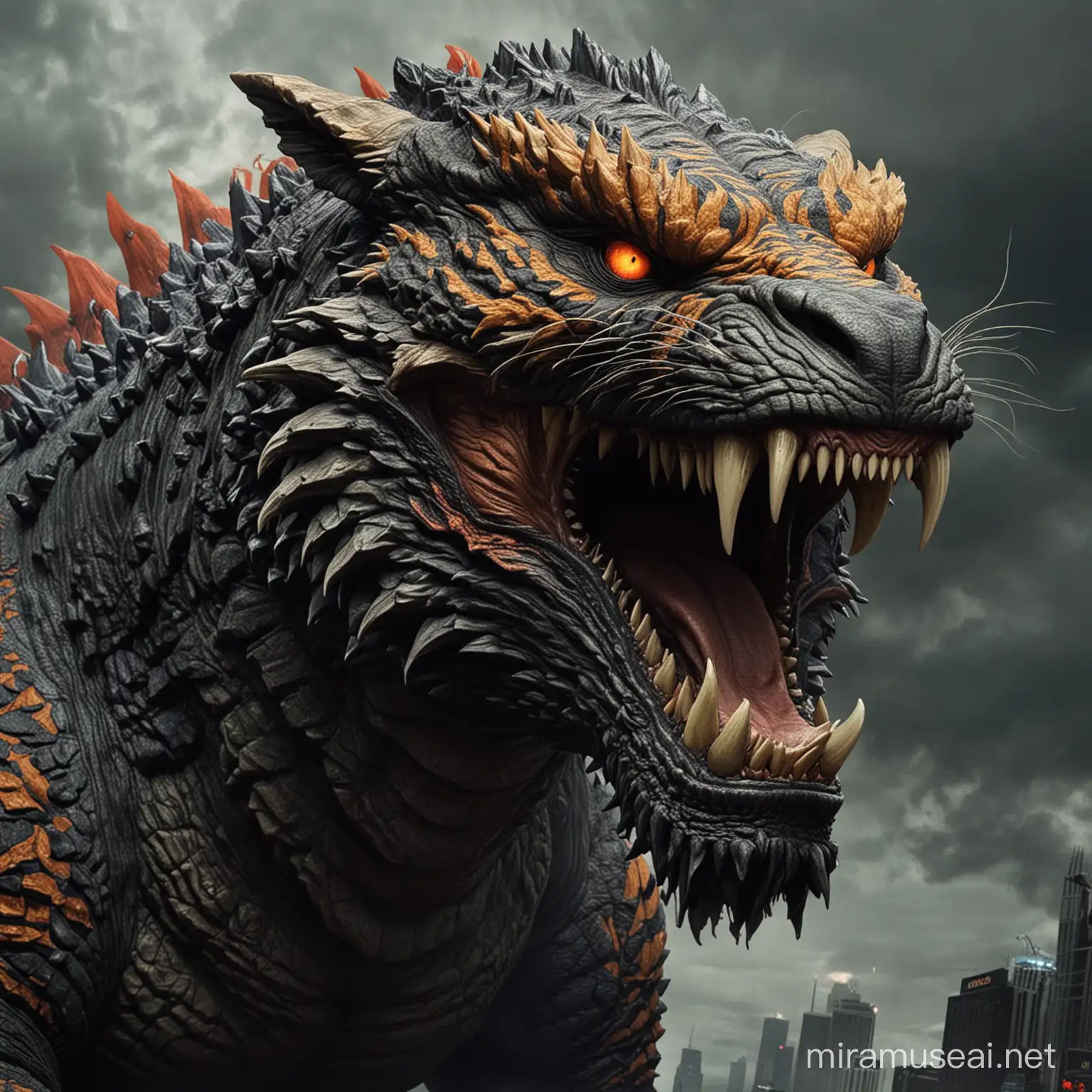 Fierce Godzilla Tiger with Oni Teeth Roaring in Fiery Inferno