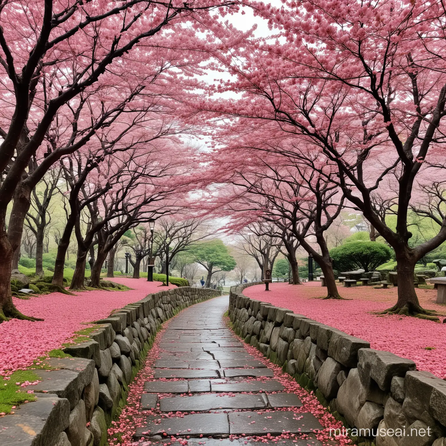 Scenic Cherry Blossom Park in Japan Raining Pink Leaves Amidst Greenery
