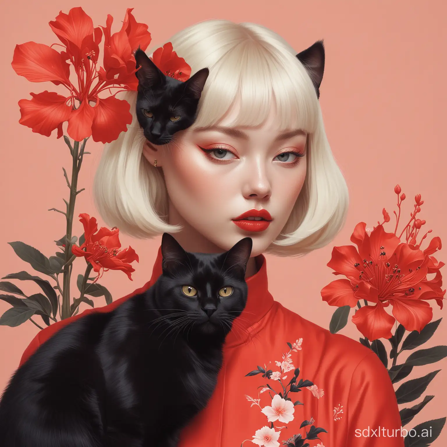 A fashion magazine featuring a pure black cat and a woman in the style of artist hsiao-ron cheng, black and red, hyper-realistic oils, Daan Roosegaarde, andrey remnev style, celebrity image mashup, featured animal plant, close-up, joong keun lee