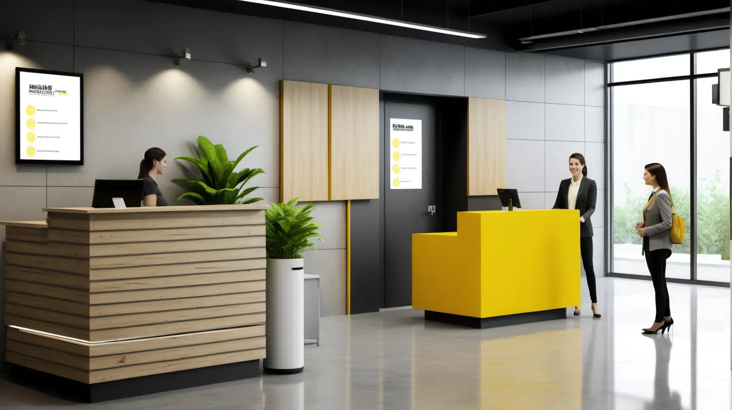 Bright Modern Industrial Office Lobby with SelfRegistration Desk and Smiling Receptionist