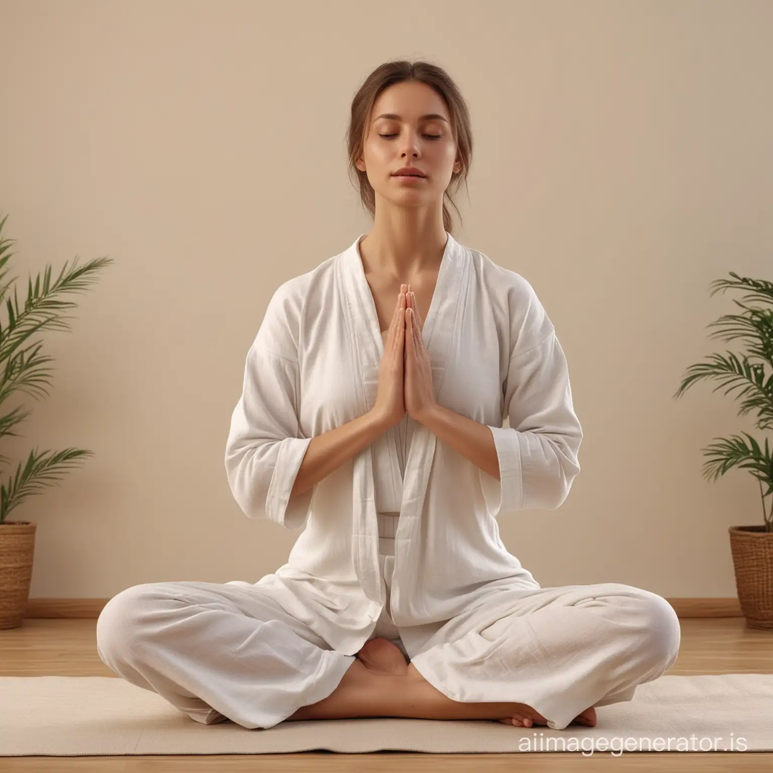 Young lady sitting crosslegged meditating dressed in white linen clothes hands in prayer pose in front of chest, photorealistic cinematic 8k ,beige background