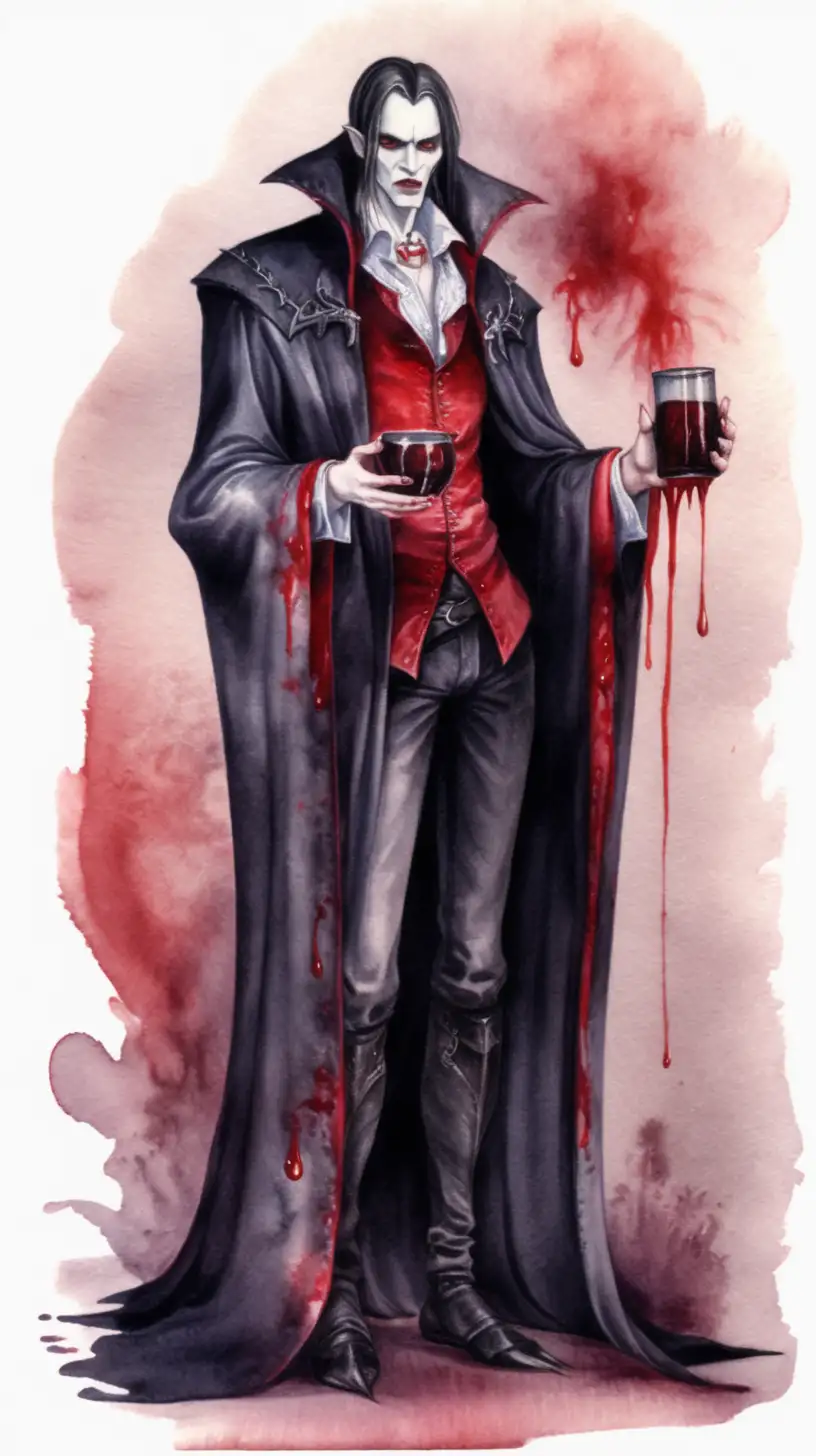 medieval fantasy vampire blood drinker standing, dark watercolor drawing, no background