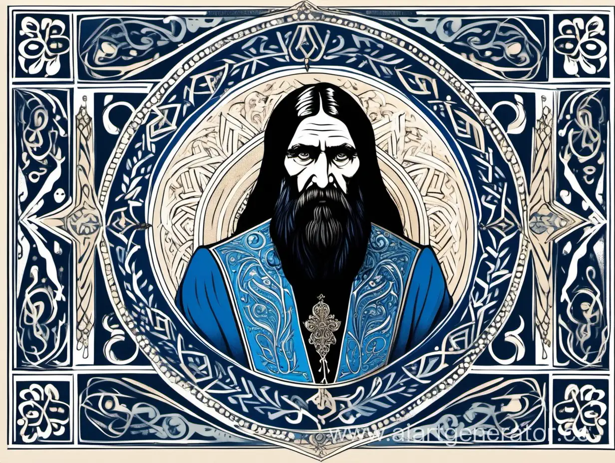 Григорий Распутин во дворце рисунок в скандинавском стиле. Черный, голубой, бежевый цвет.