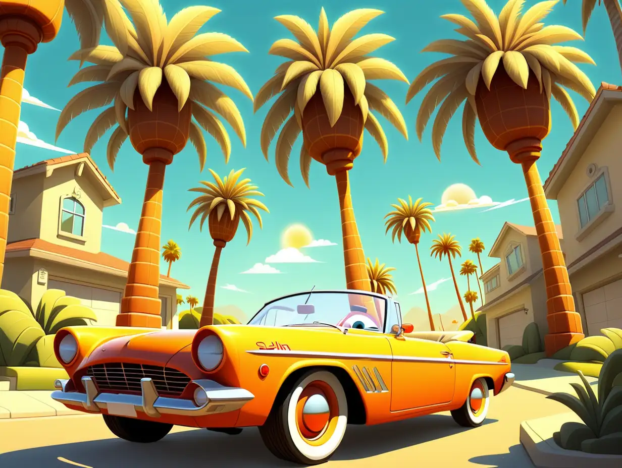california scenery, sunshine, cartoon, palm trees, convertible car 
