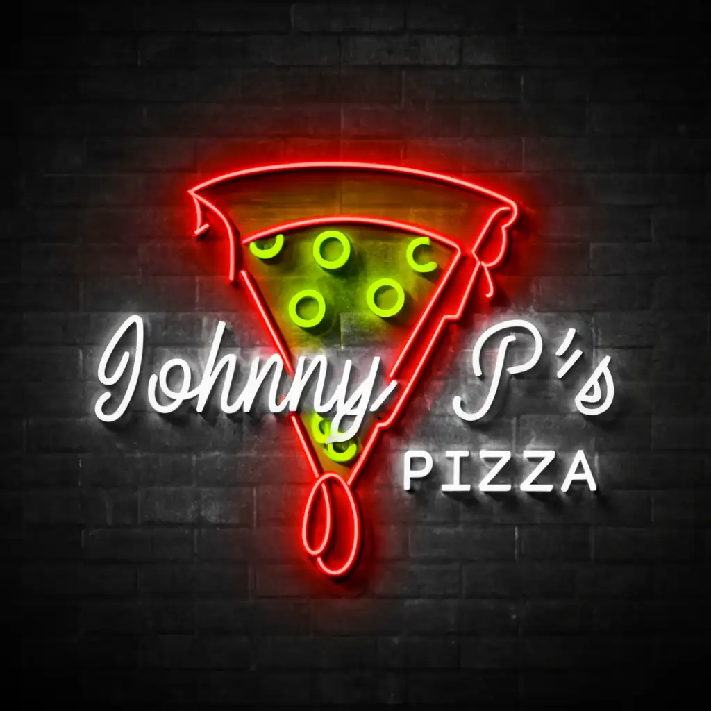 a logo design,with the text 'Johnny P's Pizza', main symbol:a slice of pizza in neon outline,complex,be used in Restaurant industry,clear background