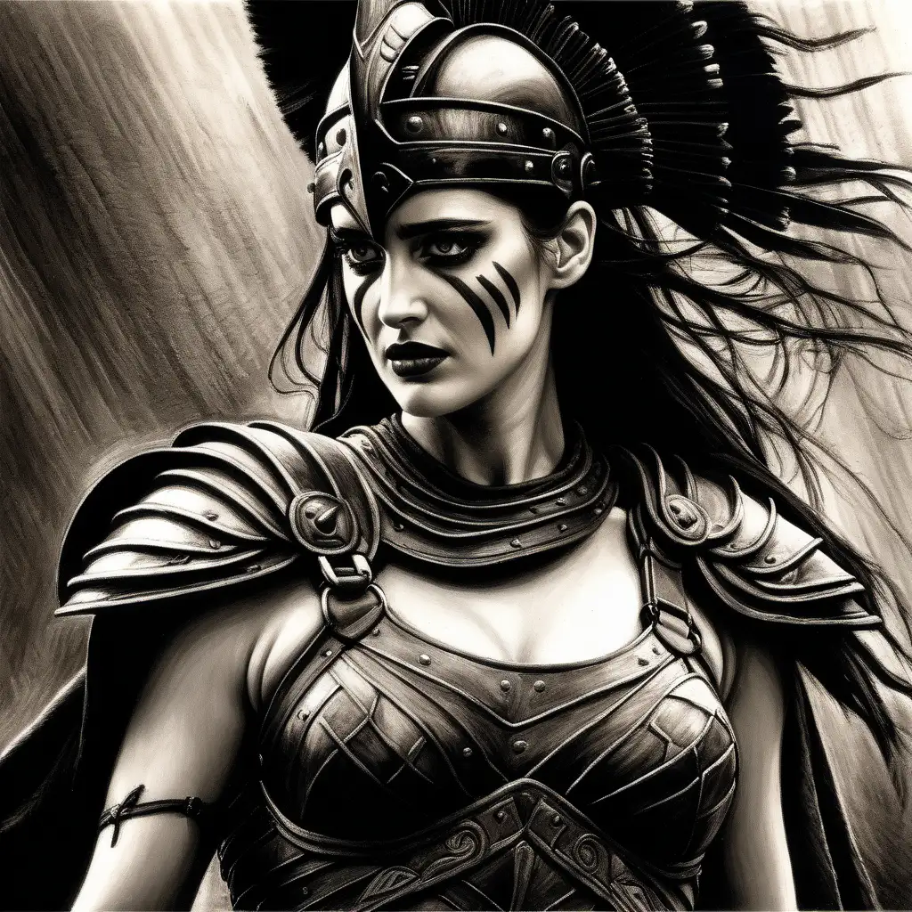 Capture the fierce and iconic presence of Eva Green in her role in the Hollywood movie "300" through a dynamic charcoal sketch art. Envision her character's strength and determination, with expressive charcoal strokes portraying the intensity in her eyes and the contours of her face.

Highlight the unique elements of her costume and accessories from the movie, using bold lines to outline the intricate details of her warrior attire. Pay special attention to her posture and the way she holds herself, conveying both power and grace in every stroke.

Utilize the contrast and shading capabilities of charcoal to depict the atmospheric lighting of a cinematic scene, creating a sketch that not only showcases Eva Green's portrayal in "300" but also captures the dramatic essence of the film.
