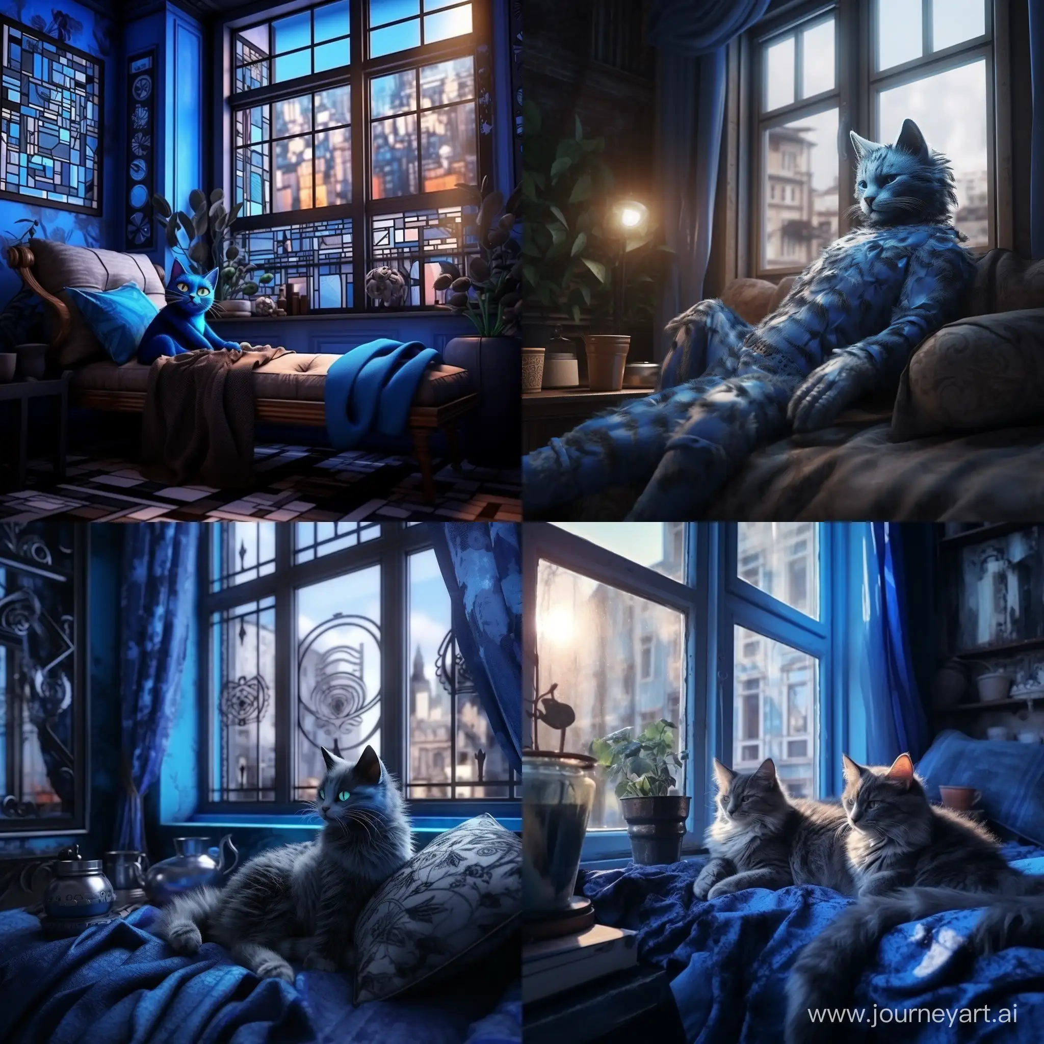 голубая кошка с черными узорами лениво разлеглась на фоне квартиры, мягкий свет проникает через окна отбрасывая блики на кошку
