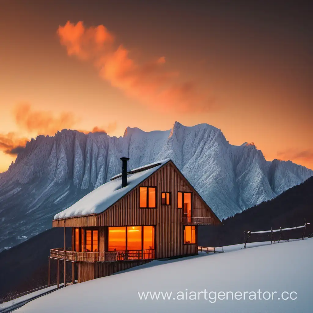 деревянный дом на фоне горного пейзажа и апельсиновый закат 
