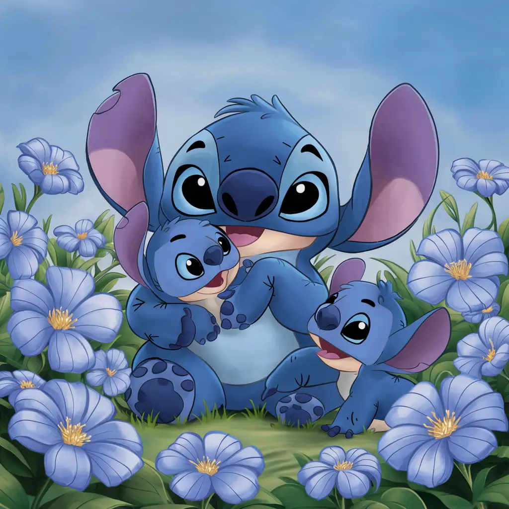 Stitch Mother and Babies Amidst Blue Floral Splendor