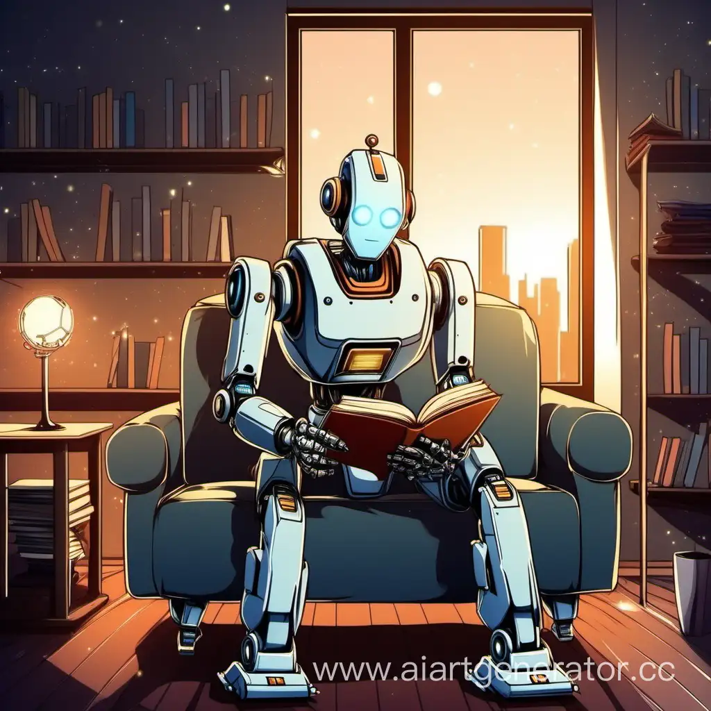 robot reading a book on the sofa in the evening in a room, loft style, anime