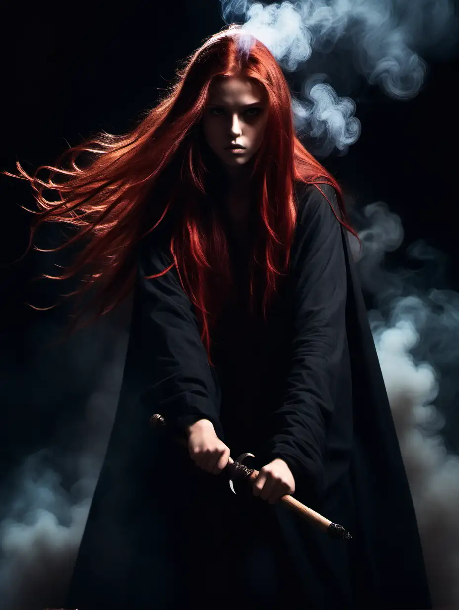 A beautiful, cloaked, red long haired, girl, around 20 years old, wielding heaps of dark  smoke, fighting stance, night, shadowy. 