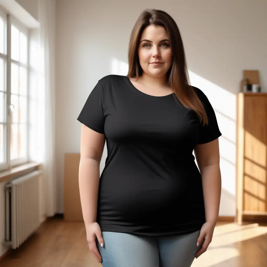 Casual Style Mockup Woman in Plain Black TShirt in Sunny Room