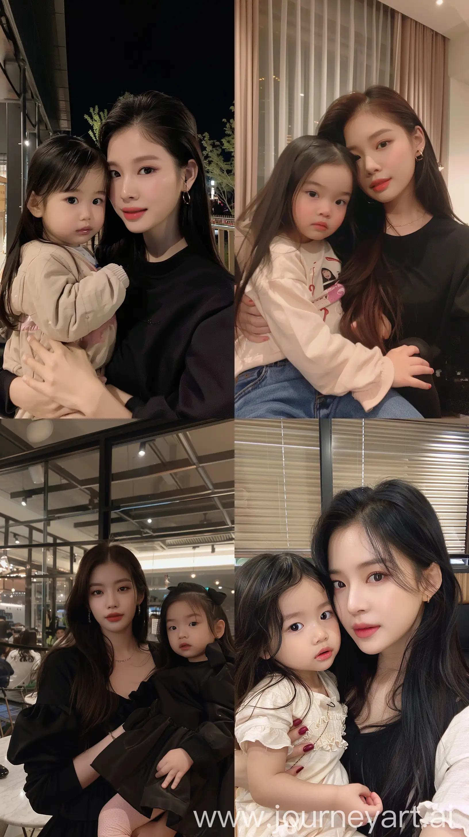 a blackpink's jennie holding 2 years old girl, facial feature look a like blackpink's jennie, aestethic selfie, night times --ar 9:16