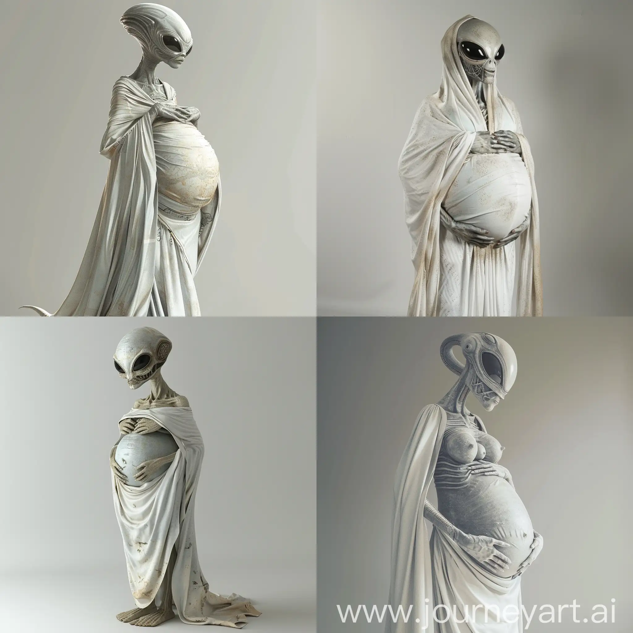 A very pregnant female gray Alien in a white toga, Her pregnant tummy is very large. The alien is pregnant with Twins.