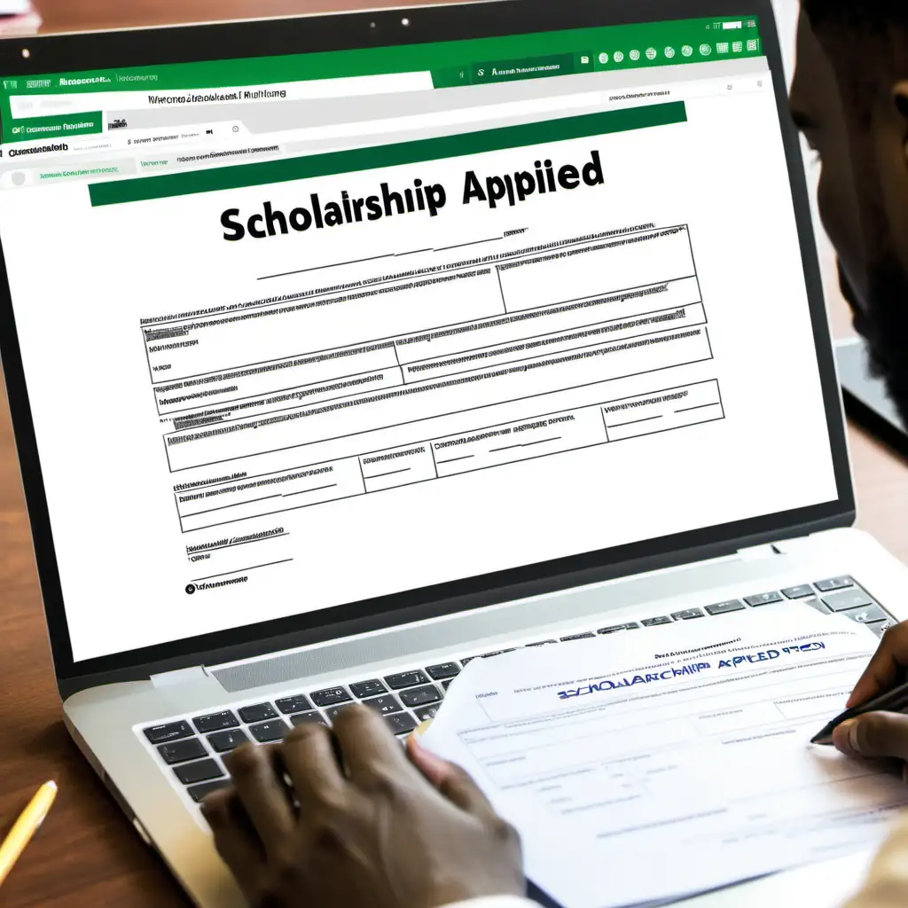 An image of a  Nigerian student filling out an application form on a laptop, with a checkmark next to  text "Scholarship Applied.