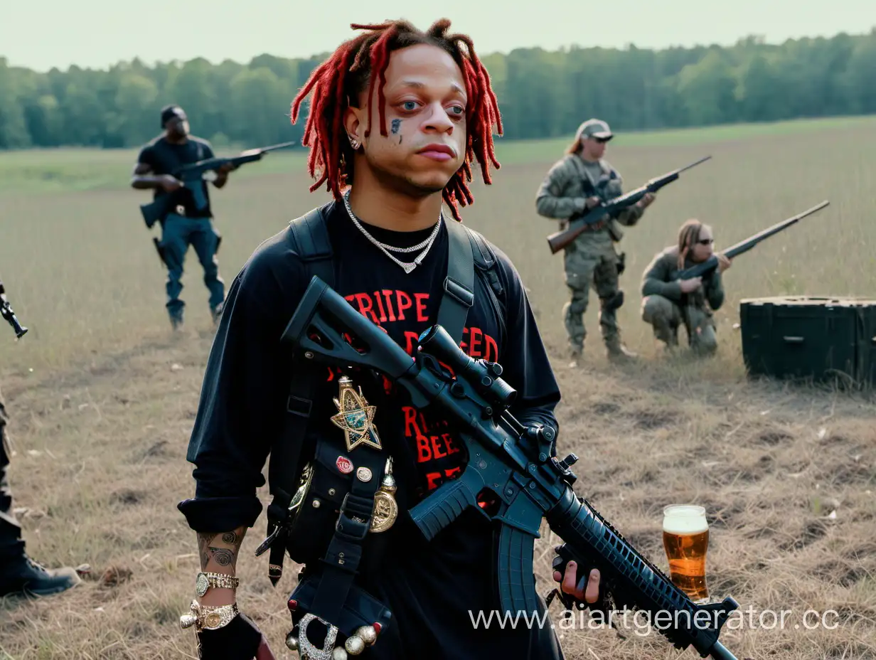 Trippie redd holding rifle & beer, looking down at a battle field 