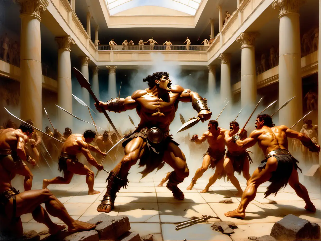 gladiators fighting cyclopes in a shopping mall in ancient Rome Frank Frazetta style