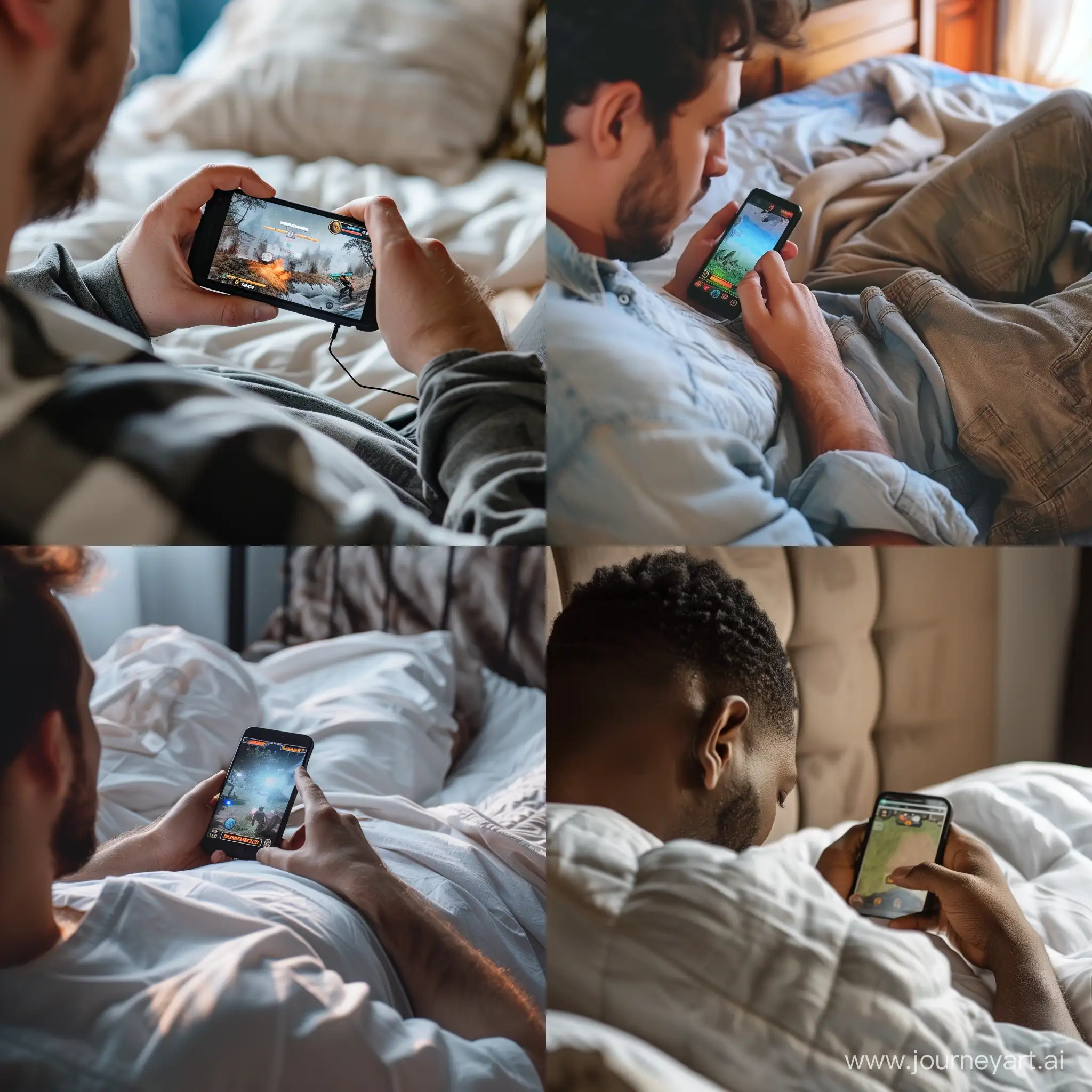 A man playing game on phone while lying on bed