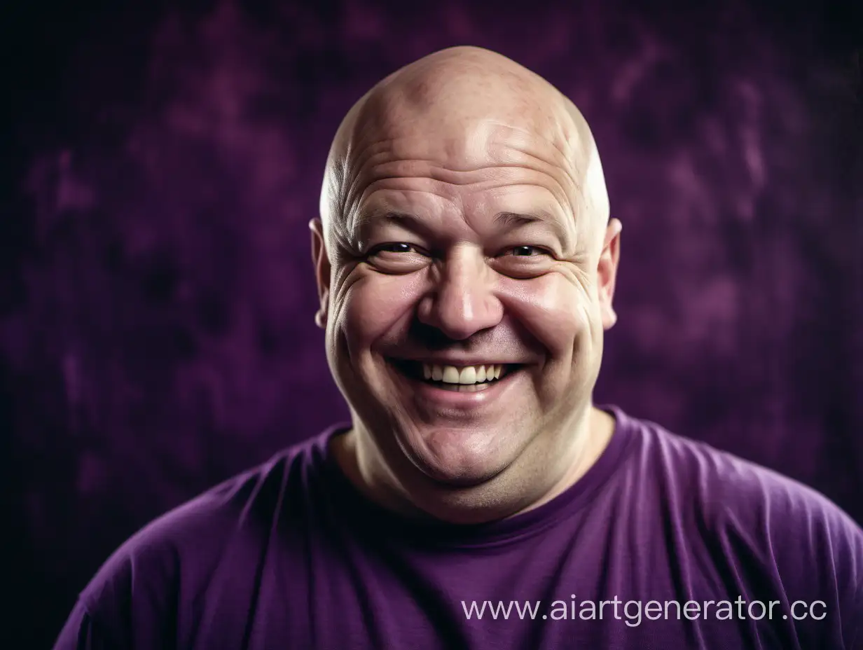 a 8k photo of a middle-aged slightly overweight bald guy smiling, on a bright deep purple grunge background