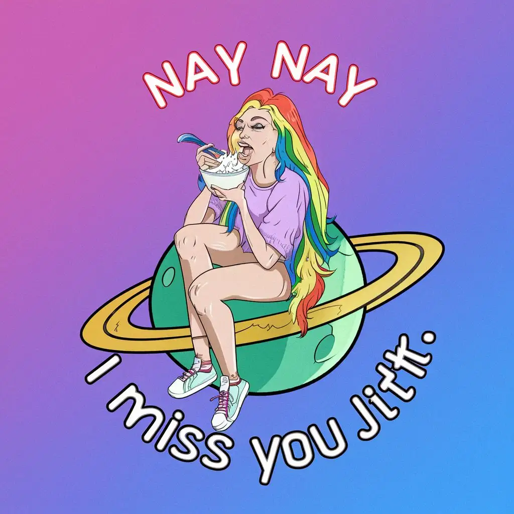 logo, a woman with long rainbow hair eating a bowl fluff sitting on a planet eating a star., with the text "nay nay I miss you jitt.", typography