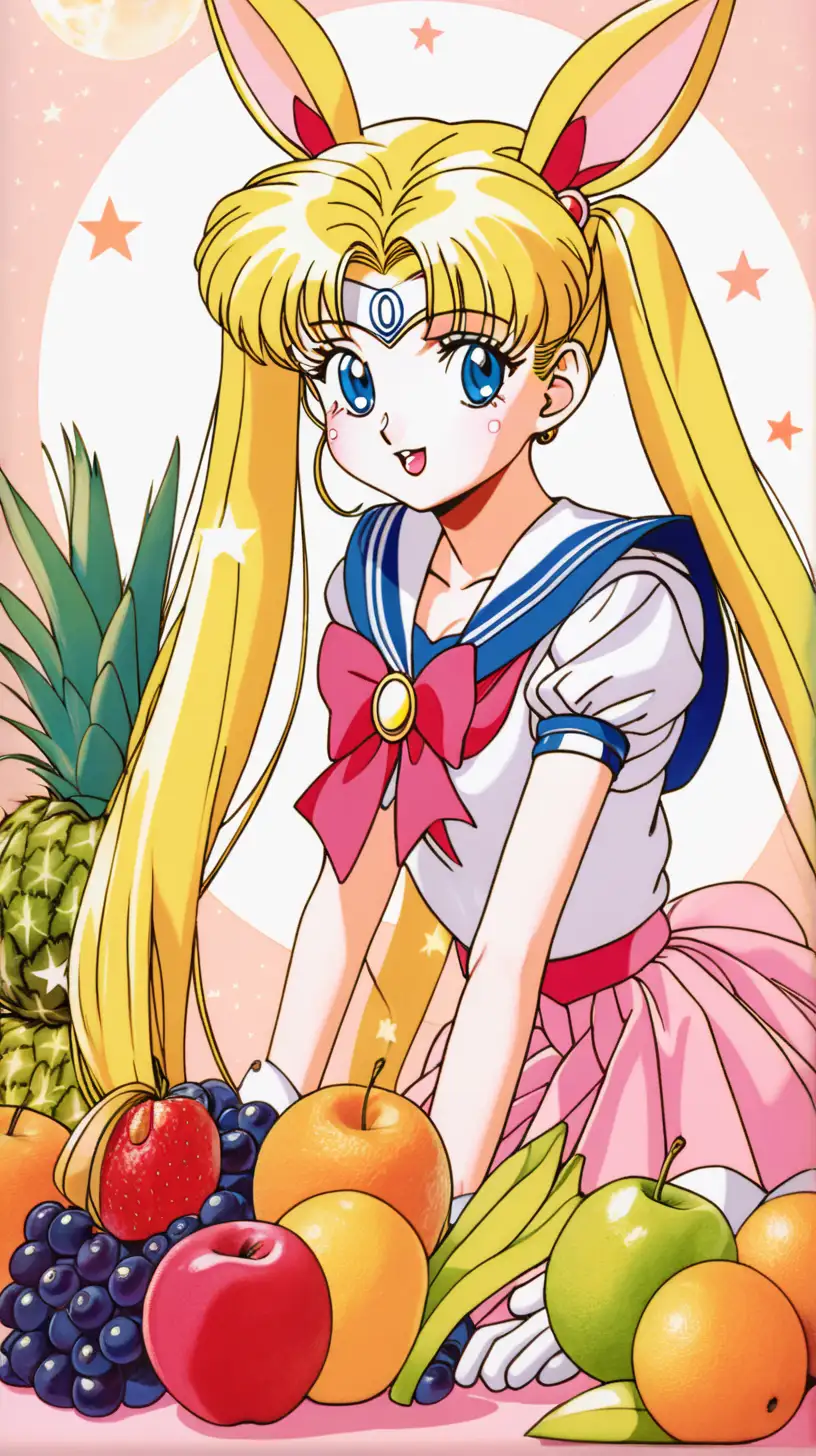 Glamour Shot Sailor Moon Embraced by Sunlight Surrounded by Fruits and Bunnies