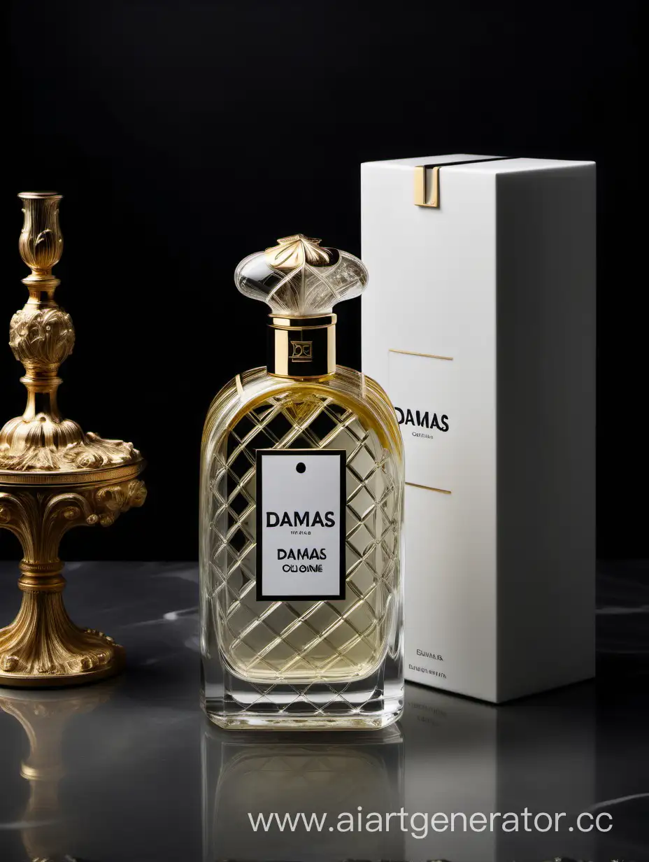 a bottle of damas cologne sitting next to a dark White box,with golden lines a Baroque dynamic luxurious composition, feminine
flemish Baroque