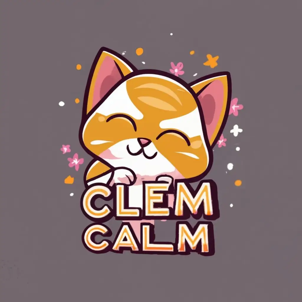 logo, cute chibi cat , flowers , gaming , with the text "Clem Calm", typography