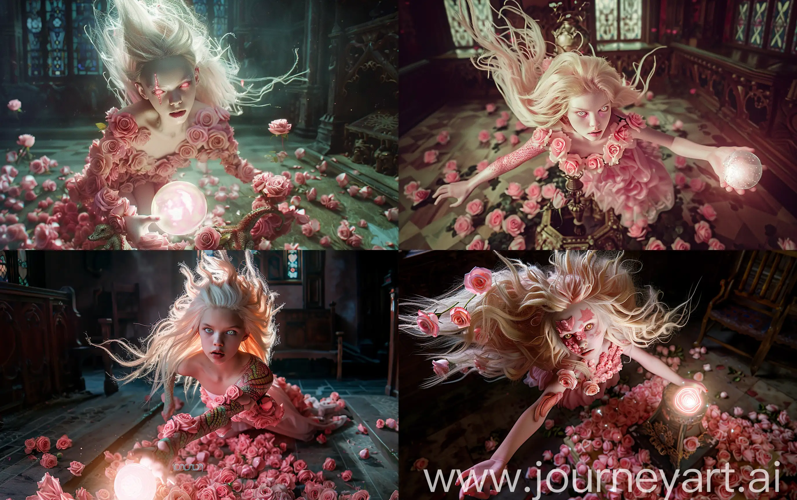 young female model with blond rosen wild hair, her body consists of pink roses partially, she has reptile eyes, she wears a pink dress, she holds a glowing ball in her hand, She descends in flight to the floor where there is an altar strewn with roses, The floor is strewn with roses, mystical dark background, cinematic, canon 18mm shot, realistic --ar 16:10